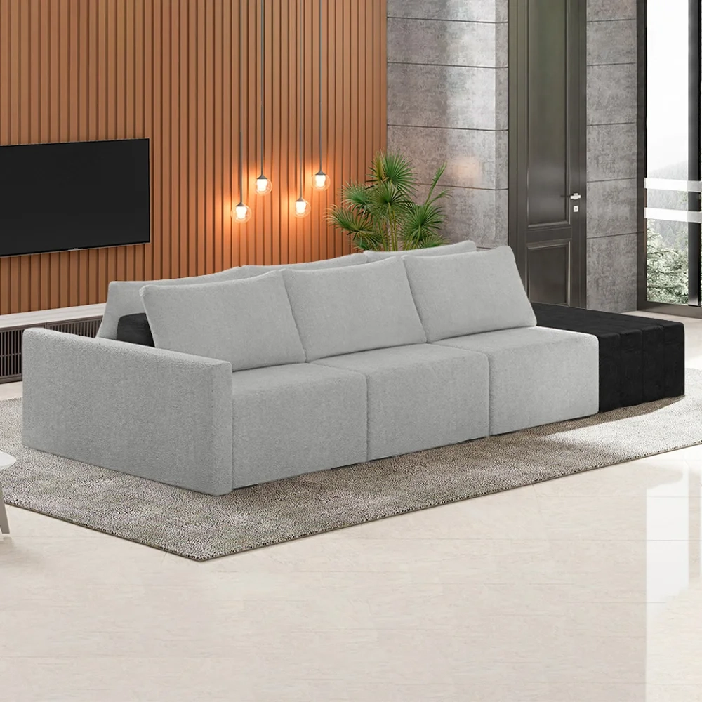 Sofá Ilha Modular Living com Puff 312cm Georgia Z08 Boucle Cinza/Preto - Mpozenato