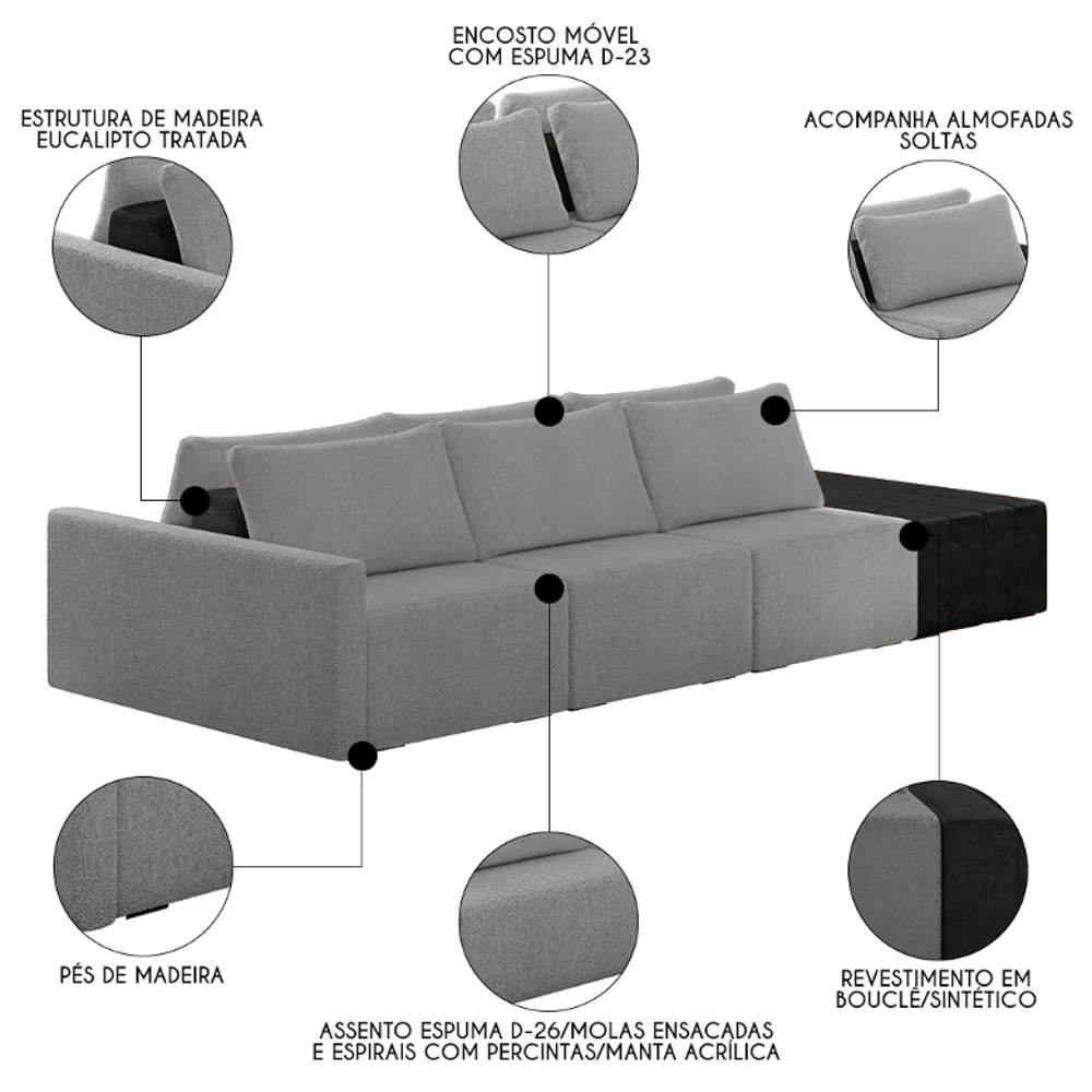 Sofá Ilha Modular Living com Puff 312cm Georgia Z08 Boucle Grafite/Preto - Mpozenato