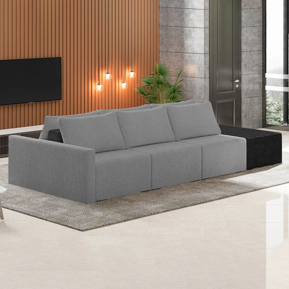 Sofá Ilha Modular Living com Puff 312cm Georgia Z08 Boucle Grafite/Preto - Mpozenato