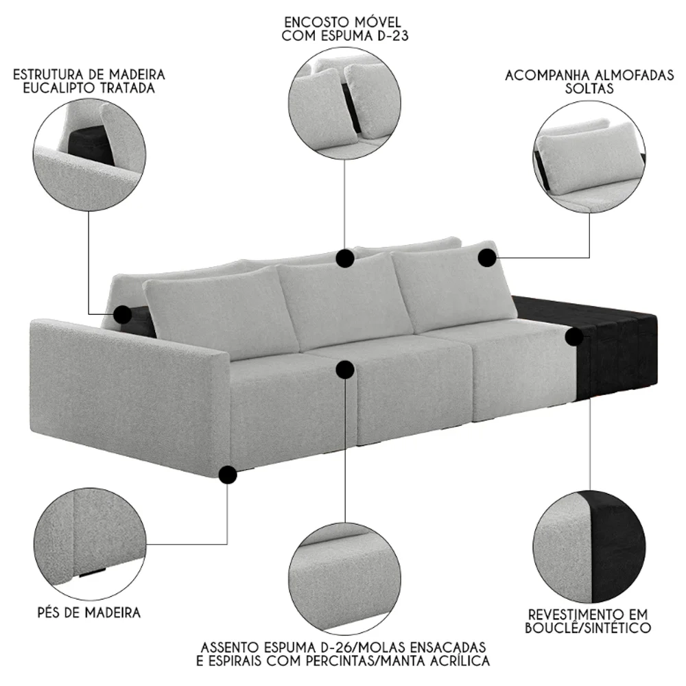 Sofá Ilha Modular Living com Puff 342cm Georgia Z08 Boucle Cinza/Preto - Mpozenato