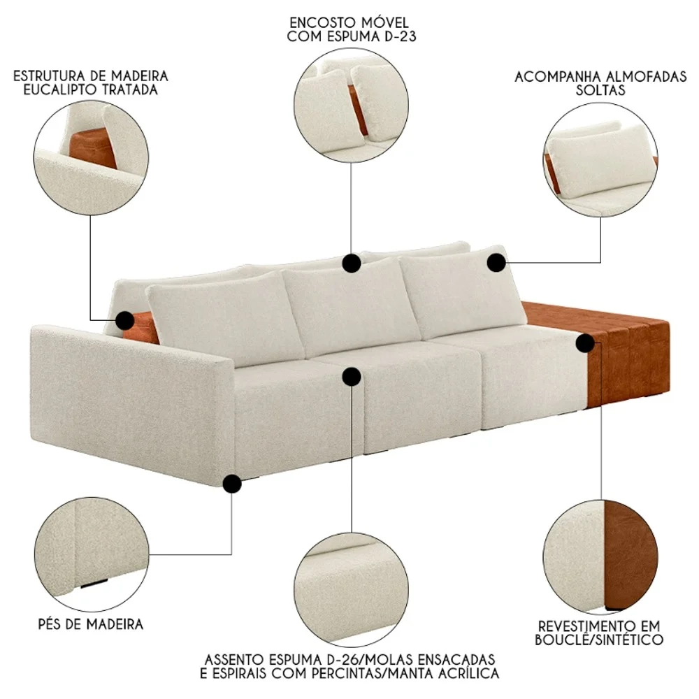 Sofá Ilha Modular Living com Puff 342cm Georgia Z08 Boucle Bege/Caramelo - Mpozenato