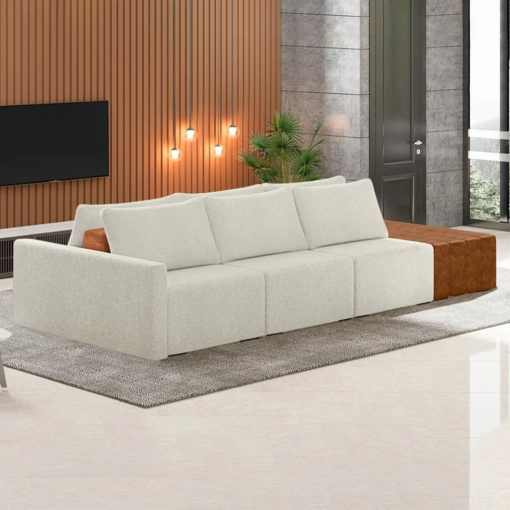 Sofá Ilha Modular Living com Puff 342cm Georgia Z08 Boucle Bege/Caramelo - Mpozenato