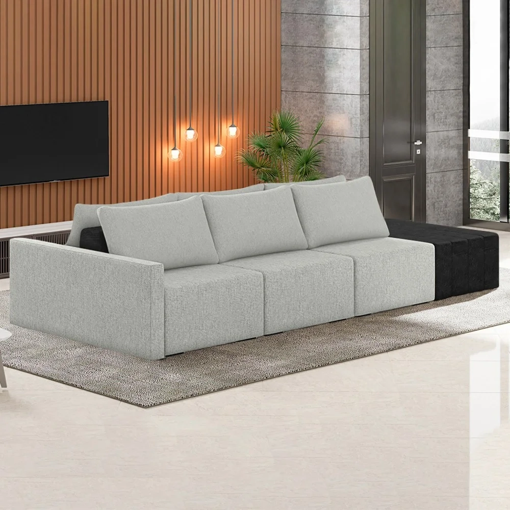 Sofá Ilha Modular Living com Puff 342cm Georgia Z08 Linho Cinza/Preto - Mpozenato