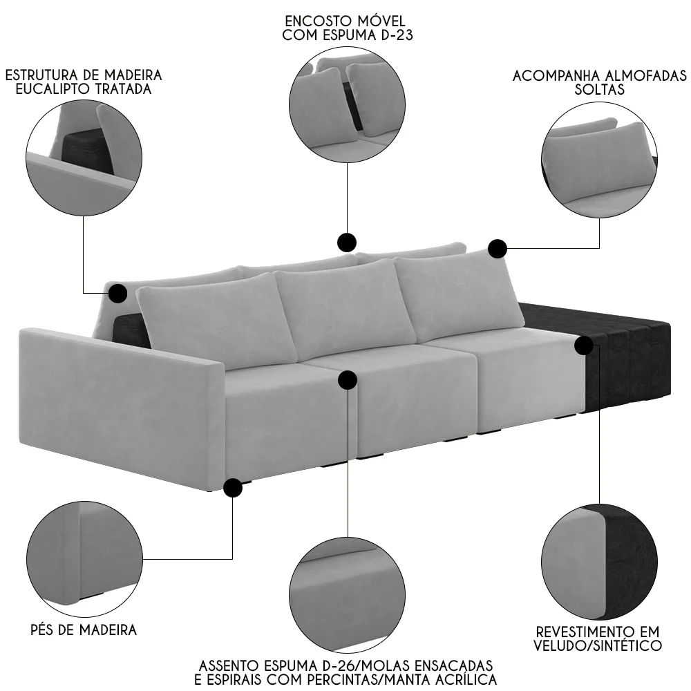 Sofá Ilha Modular Living com Puff 312cm Georgia Z08 Veludo Cinza/Preto - Mpozenato