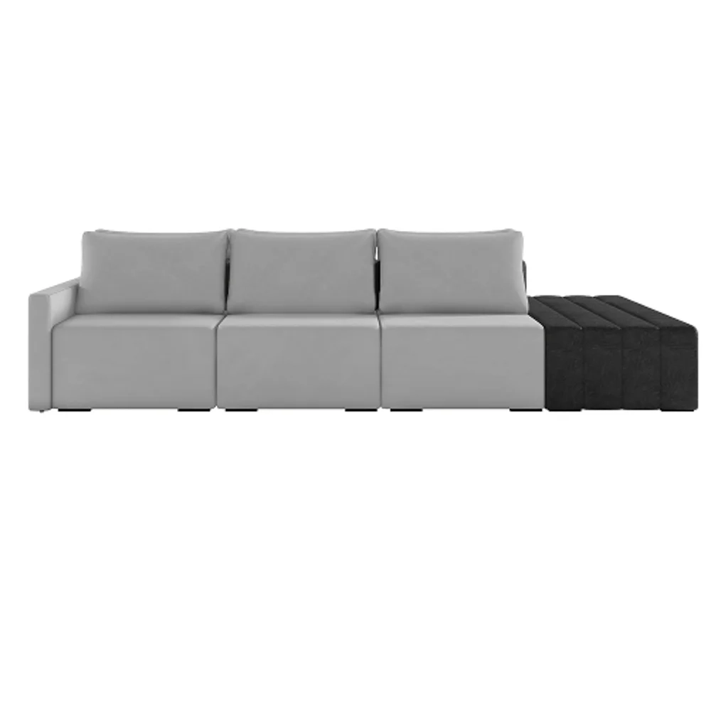 Sofá Ilha Modular Living com Puff 312cm Georgia Z08 Veludo Cinza/Preto - Mpozenato