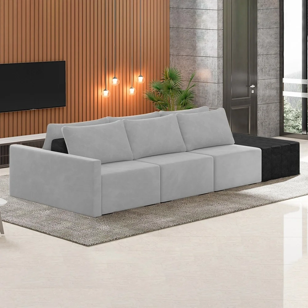 Sofá Ilha Modular Living com Puff 342cm Georgia Z08 Veludo Cinza/Preto - Mpozenato