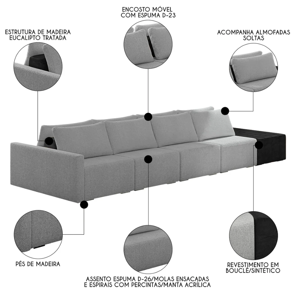 Sofá Ilha Modular Living com Puff 392cm Georgia Z08 Boucle Grafite/Preto - Mpozenato