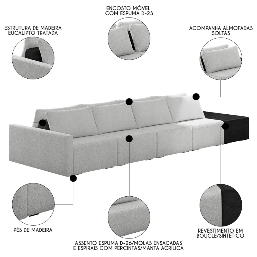 Sofá Ilha Modular Living com Puff 392cm Georgia Z08 Boucle Cinza/Preto - Mpozenato