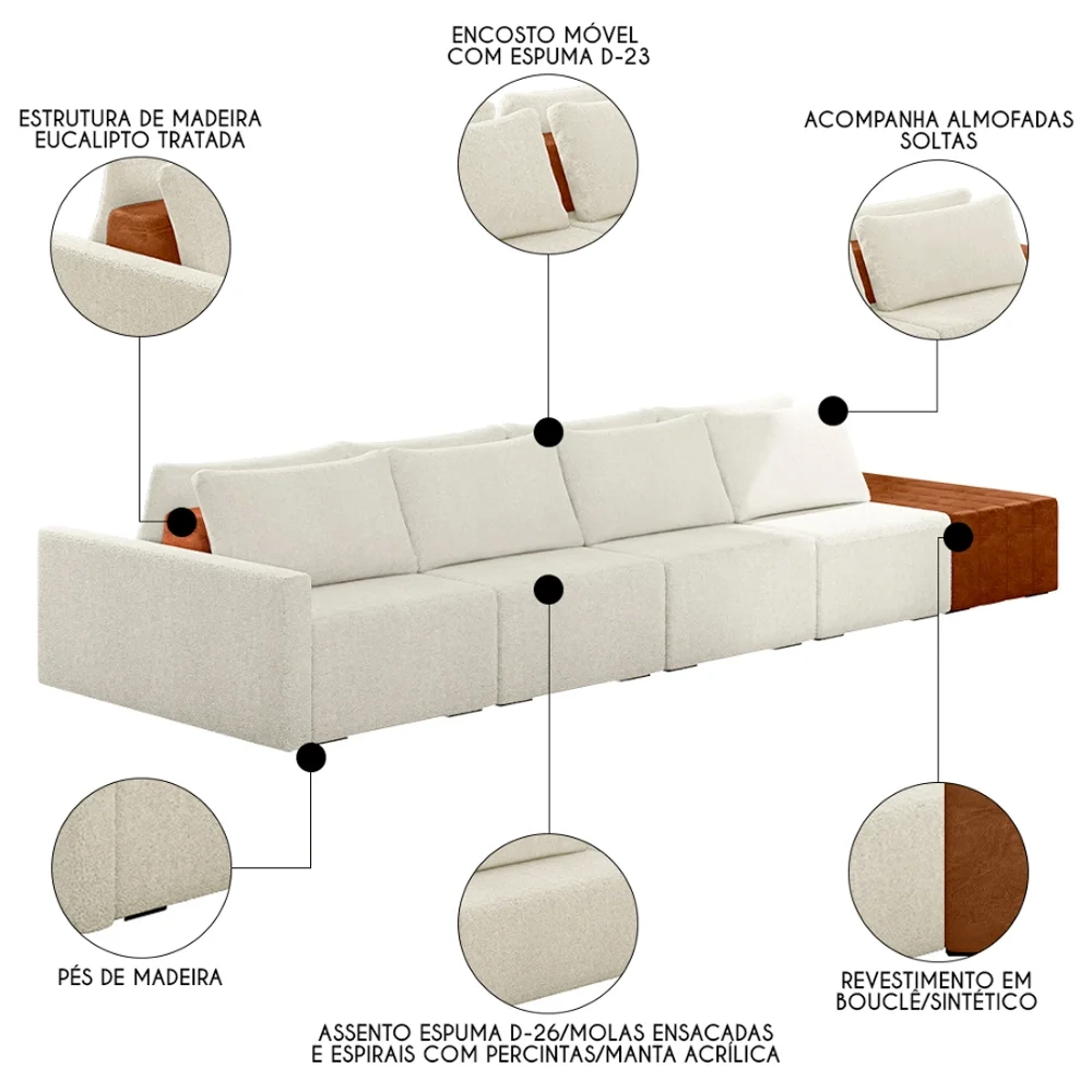 Sofá Ilha Modular Living com Puff 392cm Georgia Z08 Boucle Bege/Caramelo - Mpozenato