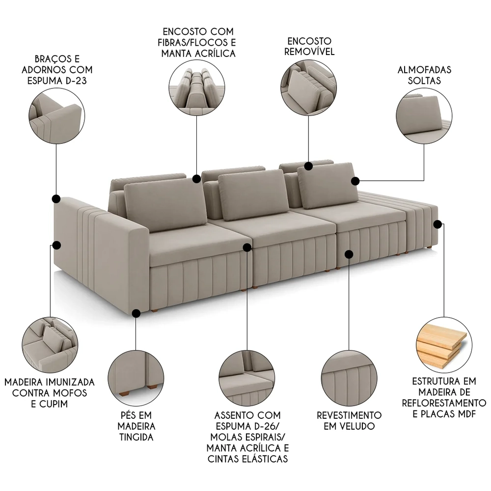 Sofá Ilha e Puff Sala Living 365cm Siesta Z32 Veludo Bege  - Mpozenato