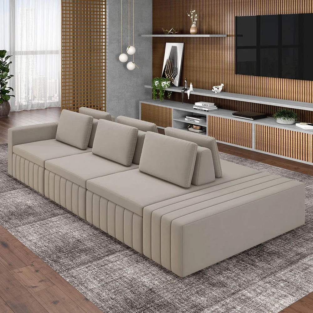 Sofá Ilha e Puff Sala Living 365cm Siesta Z32 Veludo Bege  - Mpozenato