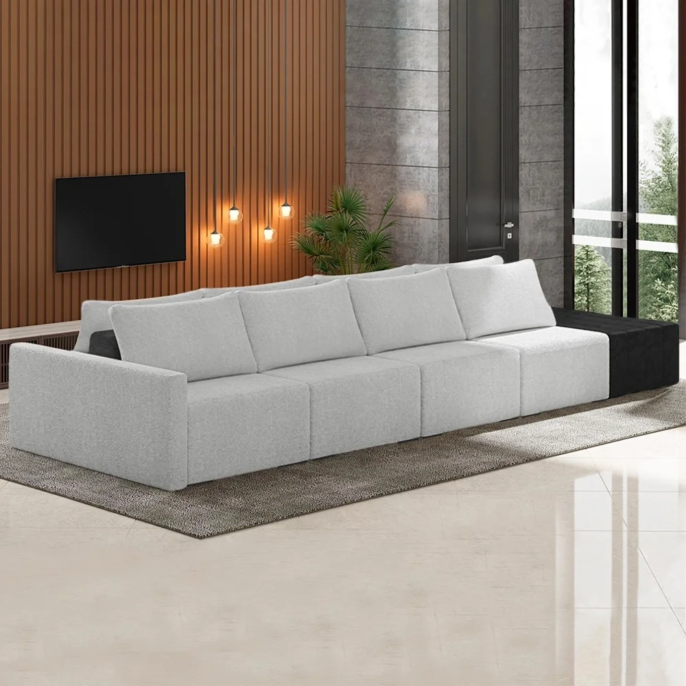 Sofá Ilha Modular Living com Puff 432cm Georgia Z08 Boucle Cinza/Preto - Mpozenato