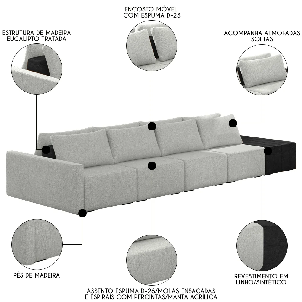 Sofá Ilha Modular Living com Puff 432cm Georgia Z08 Linho Cinza/Preto - Mpozenato
