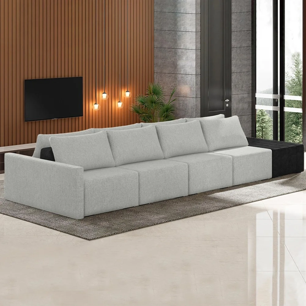 Sofá Ilha Modular Living com Puff 432cm Georgia Z08 Linho Cinza/Preto - Mpozenato