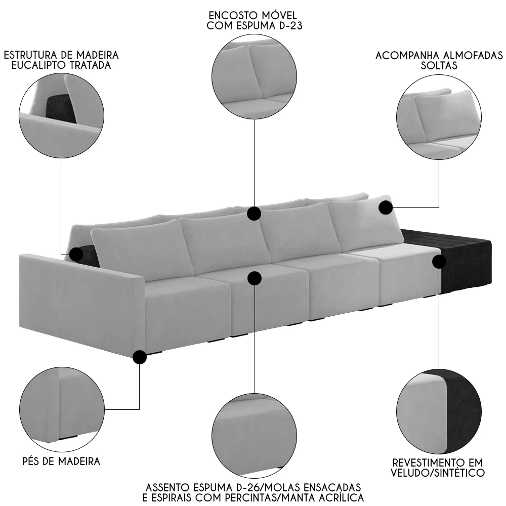 Sofá Ilha Modular Living com Puff 432cm Georgia Z08 Veludo Cinza/Preto - Mpozenato