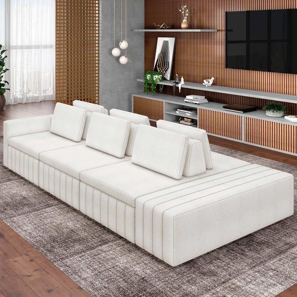 Sofá Ilha e Puff Sala Living 395cm Siesta Z32 Boucle Bege Claro - Mpozenato