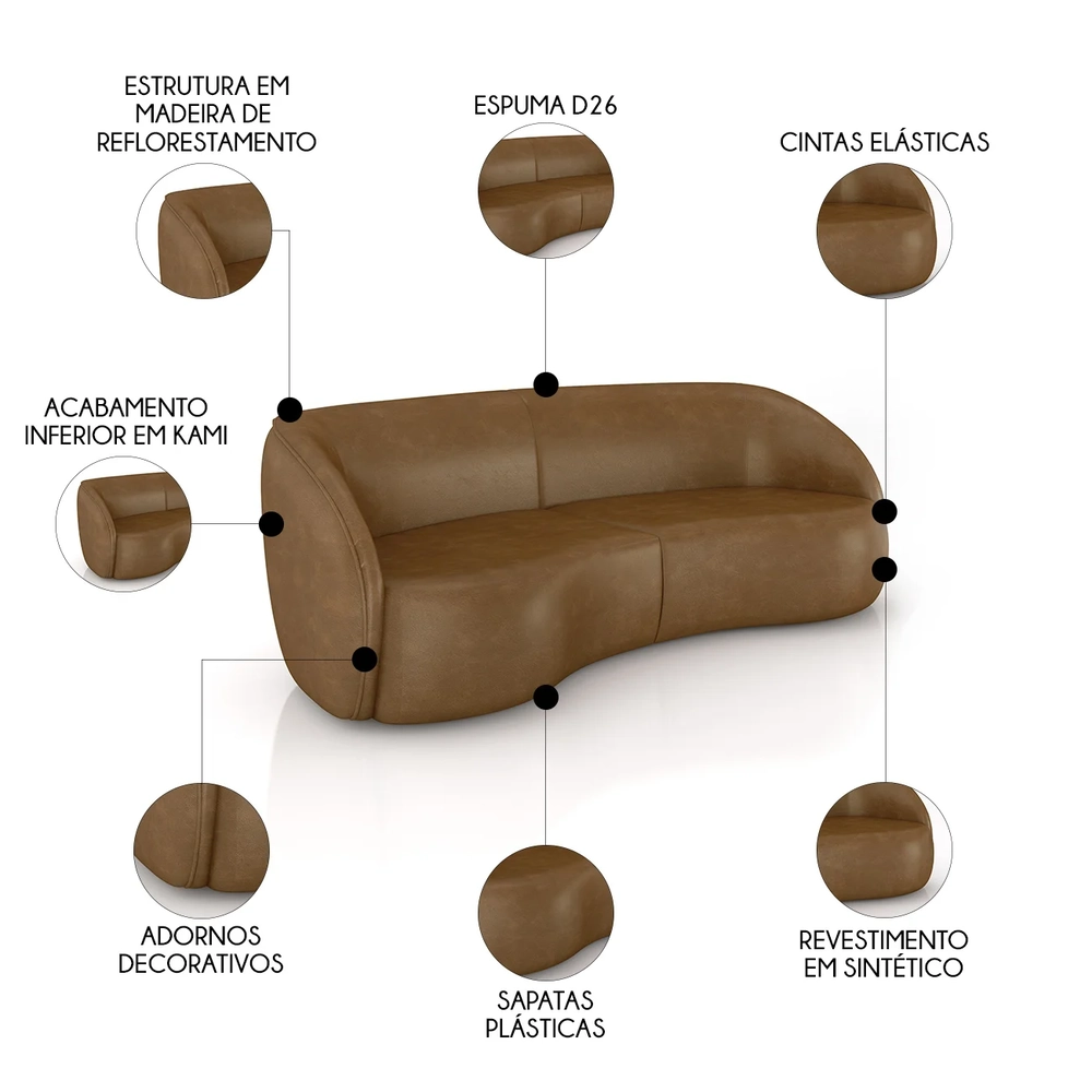 Sofá 3 Lugares Orgânico 240cm e Poltrona Zion Z32 Sintético Caramelo - Mpozenato