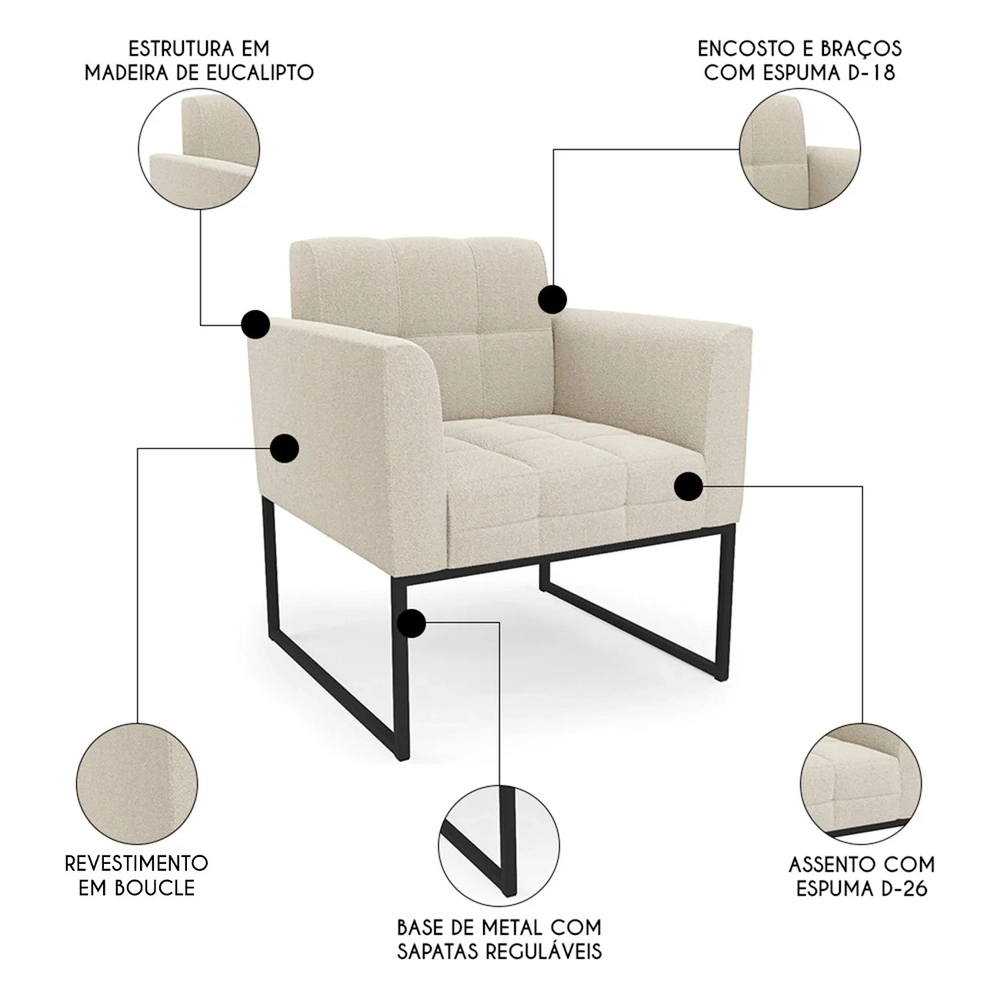 Namoradeira e 2 Poltronas Industrial Preto Ana Boucle Bege - Ibiza