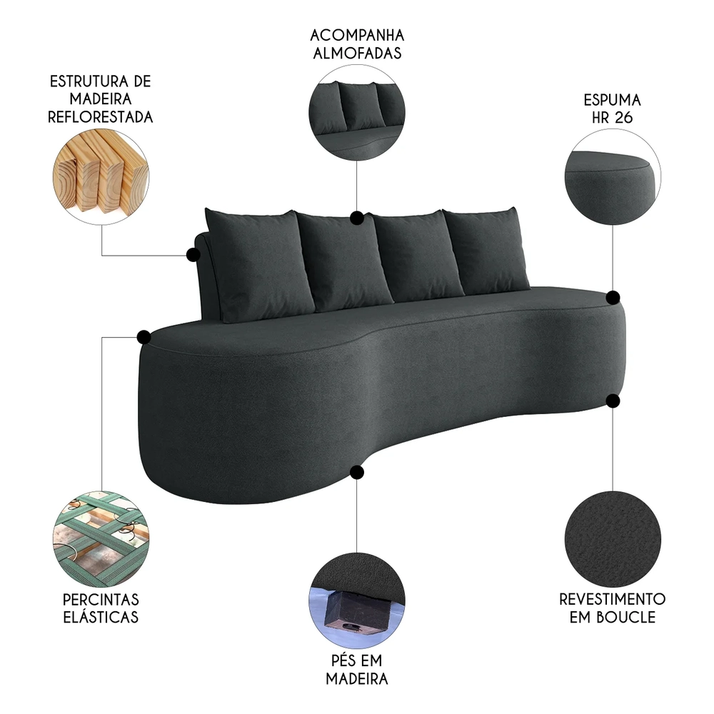 Sofá 3 Lugares 210cm Orgânico Viana B10 Bouclê Grafite - Mpozenato