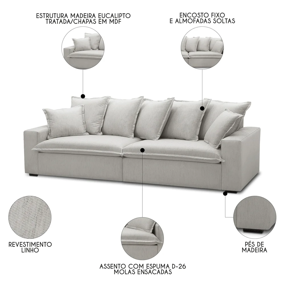 Sofá 3 Lugares Para Sala Living 220cm Dalton L08 Linho Mescla - Mpozenato