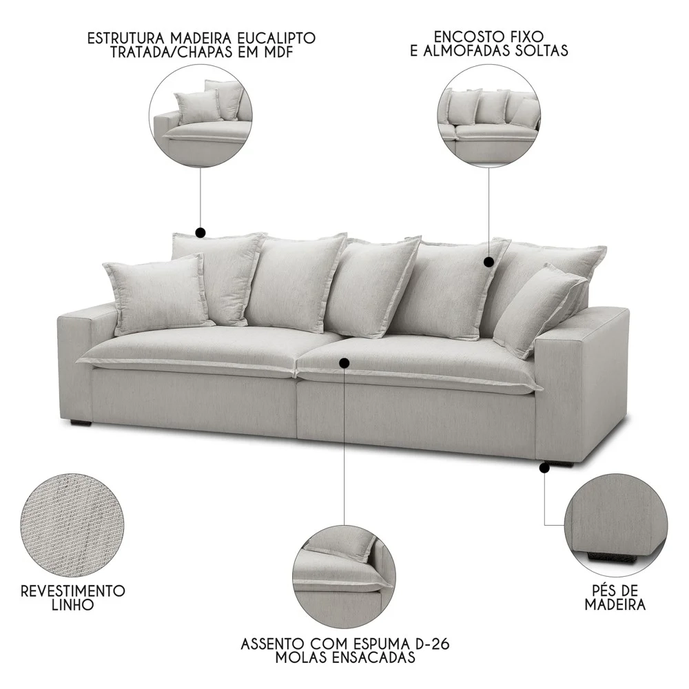 Sofá 3 Lugares Para Sala Living 240cm Dalton L08 Linho Mescla - Mpozenato