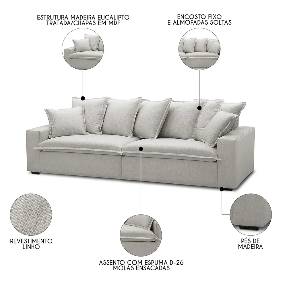 Sofá 3 Lugares Para Sala Living 260cm Dalton L08 Linho Mescla - Mpozenato