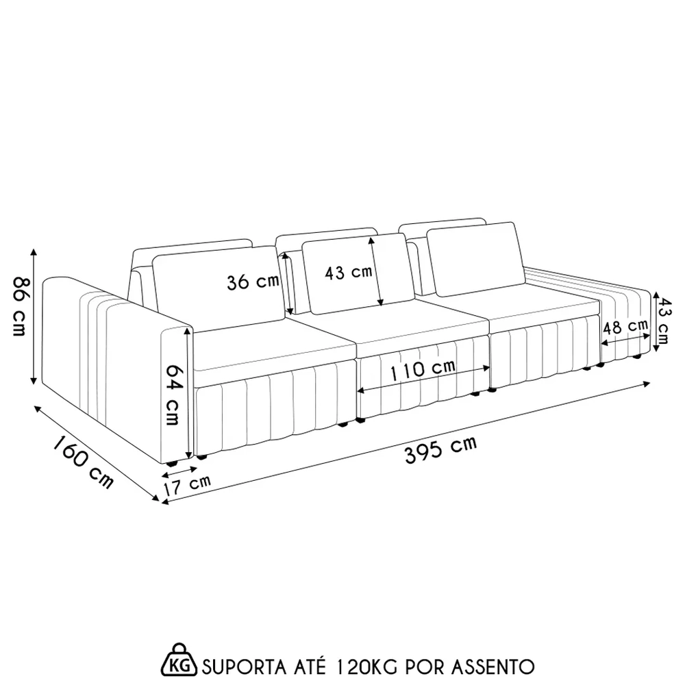 Sofá Ilha e Puff Sala Living 395cm Siesta Z32 Linho Cru/Marrom - Mpozenato