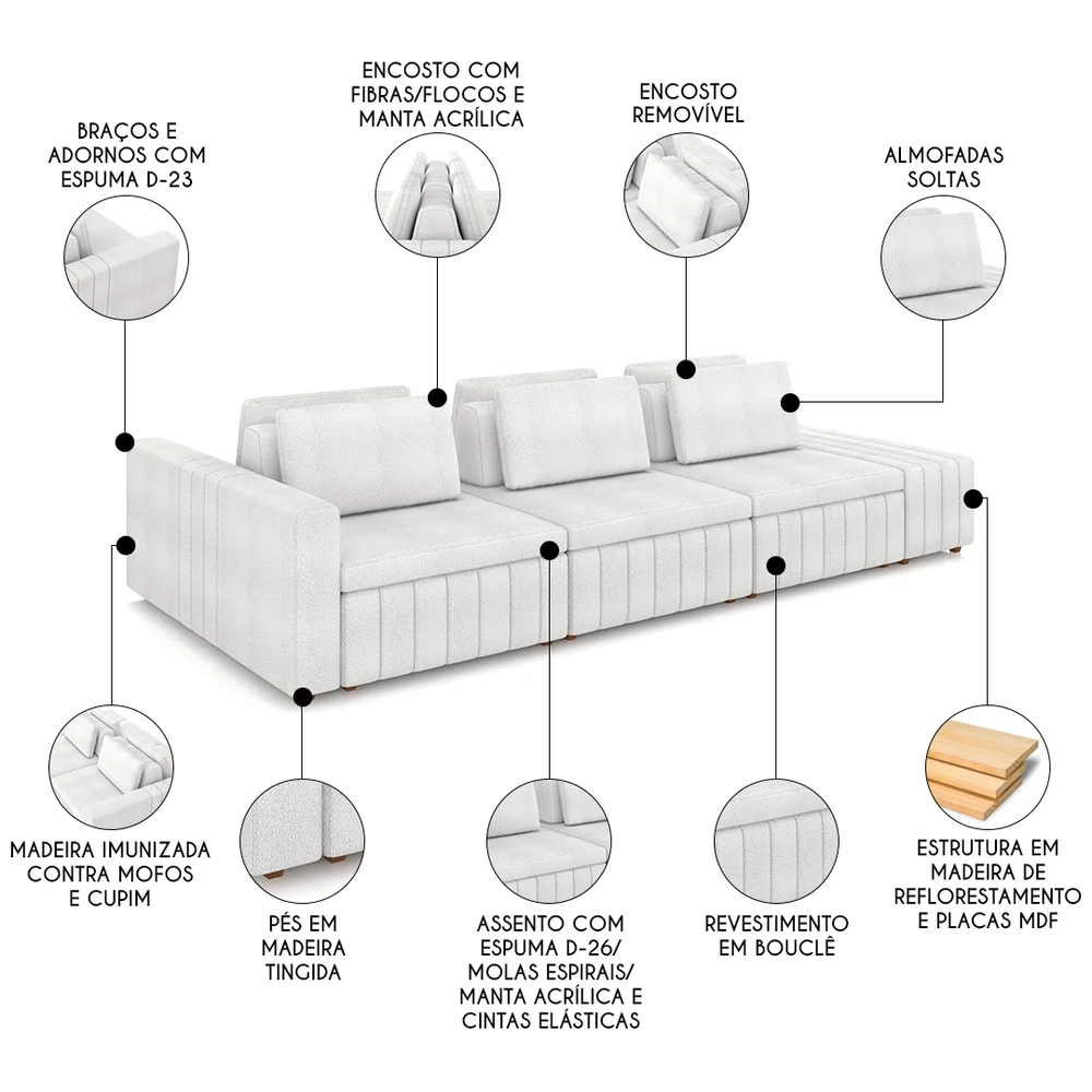 Sofá Ilha e Puff Sala Living 365cm Siesta Z32 Boucle Branco - Mpozenato