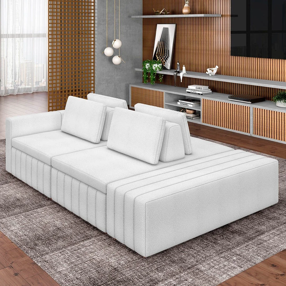 Sofá Ilha e Puff Sala Living 285cm Siesta Z32 Boucle Branco - Mpozenato