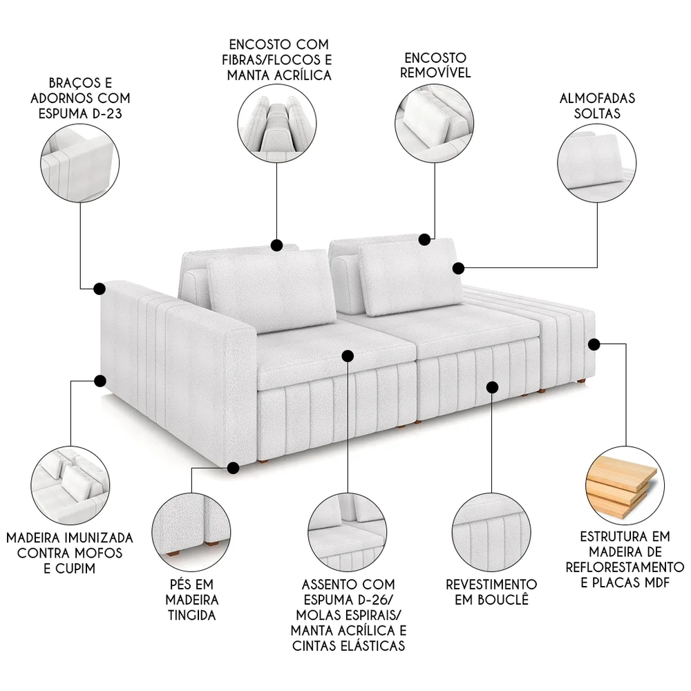 Sofá Ilha e Puff Sala Living 285cm Siesta Z32 Boucle Branco - Mpozenato