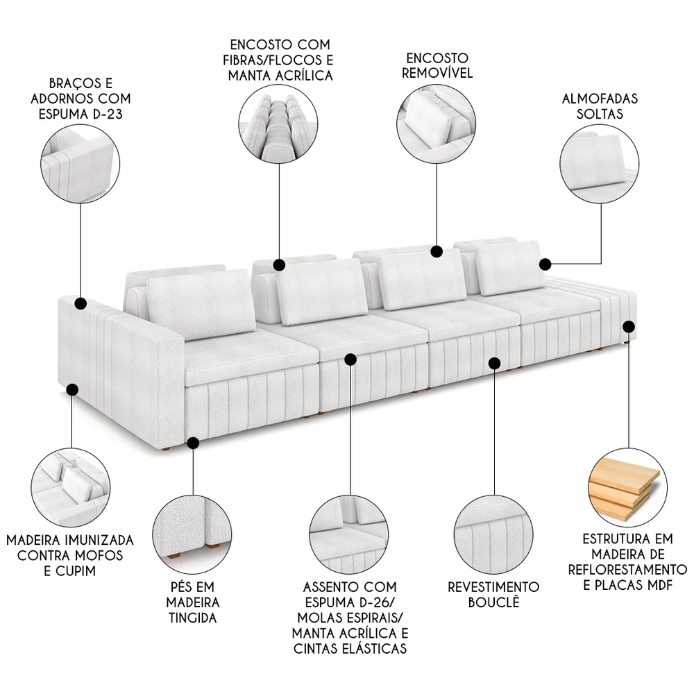 Sofá Ilha e Puff Sala Living 465cm Siesta Z32 Boucle Branco - Mpozenato