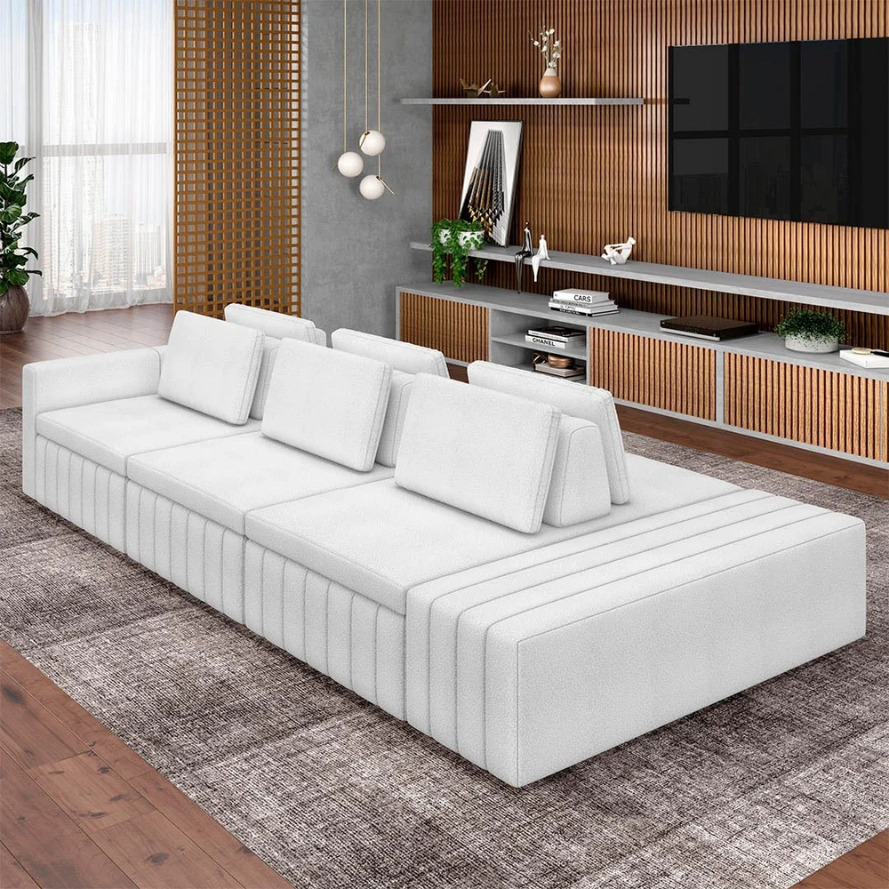 Sofá Ilha e Puff Sala Living 395cm Siesta Z32 Boucle Branco - Mpozenato