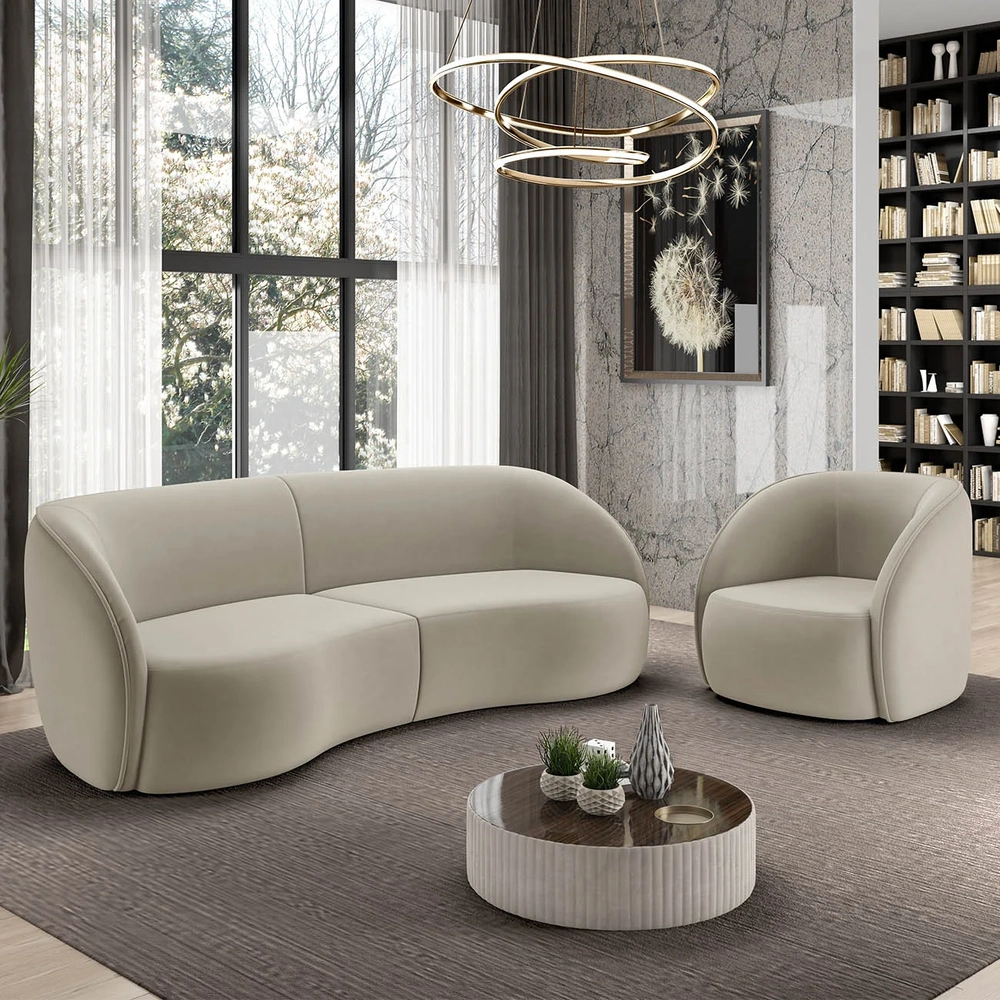 Sofá 3 Lugares Orgânico 288cm e Poltrona Zion Z32 Veludo Bege - Mpozenato