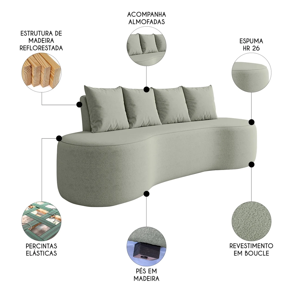 Sofá 3 Lugares 210cm Orgânico Viana B10 Bouclê Menta - Mpozenato