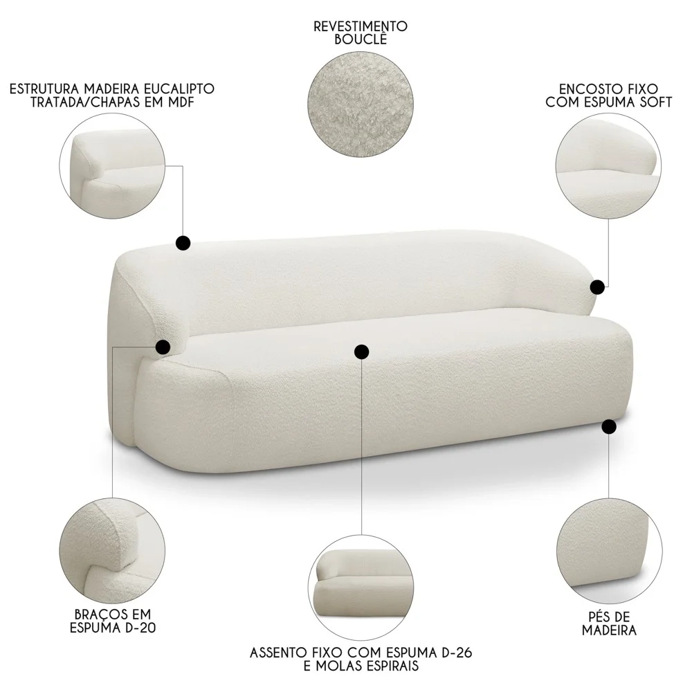 Sofá 3 Lugares Sala Orgânico 180cm Donk L08 Boucle Off White - Mpozenato