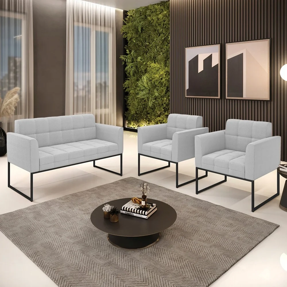 Namoradeira e 2 Poltronas Industrial Preto Ana Boucle Cinza - Ibiza