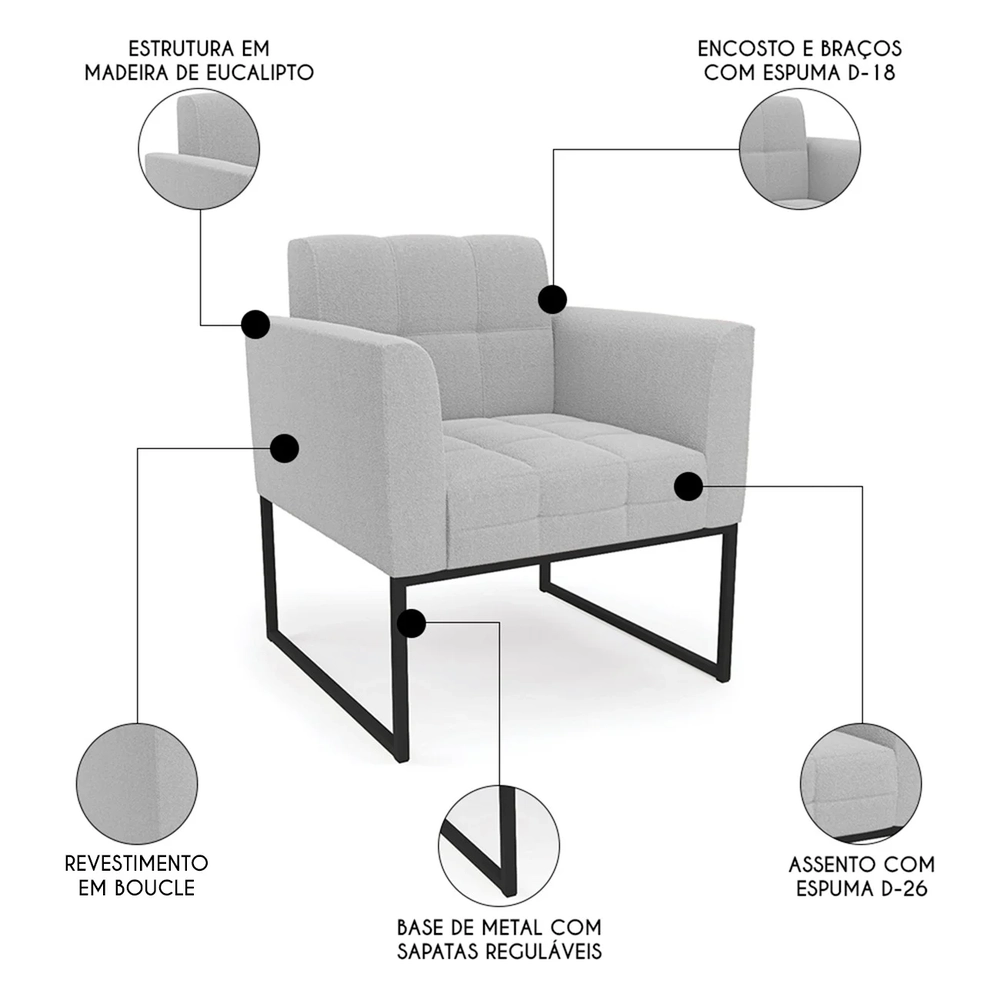 Namoradeira e 2 Poltronas Industrial Preto Ana Boucle Cinza - Ibiza