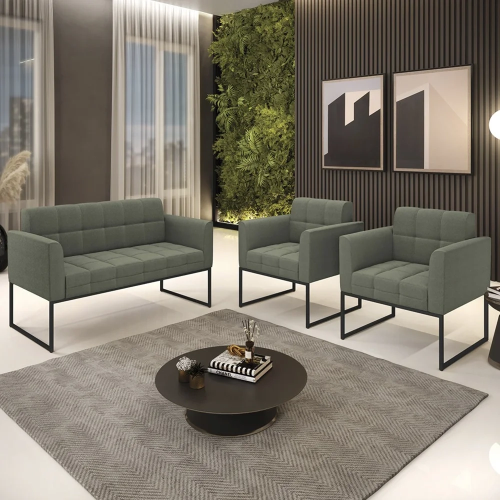 Namoradeira e 2 Poltronas Industrial Preto Ana Boucle Menta - Ibiza