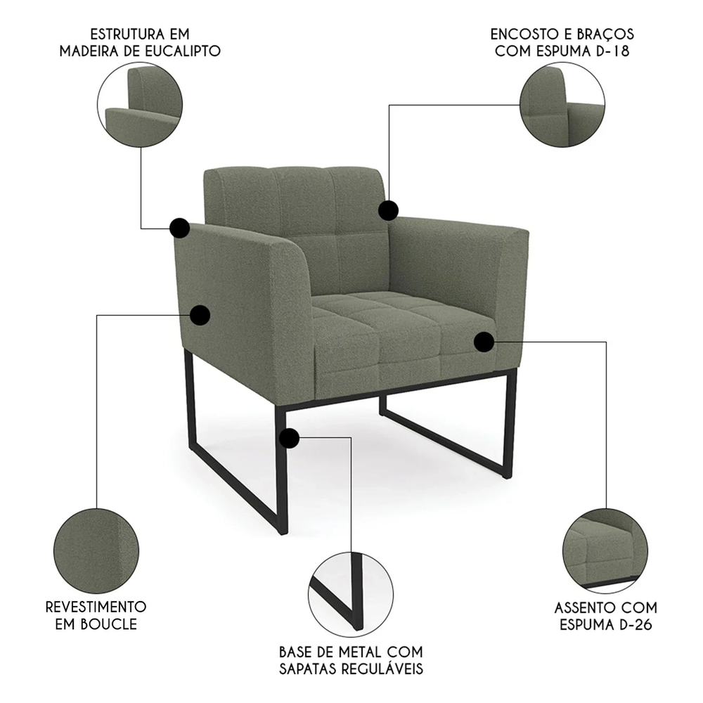 Namoradeira e 2 Poltronas Industrial Preto Ana Boucle Menta - Ibiza