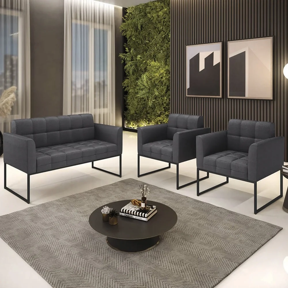 Namoradeira e 2 Poltronas Industrial Preto Ana Boucle Grafite - Ibiza