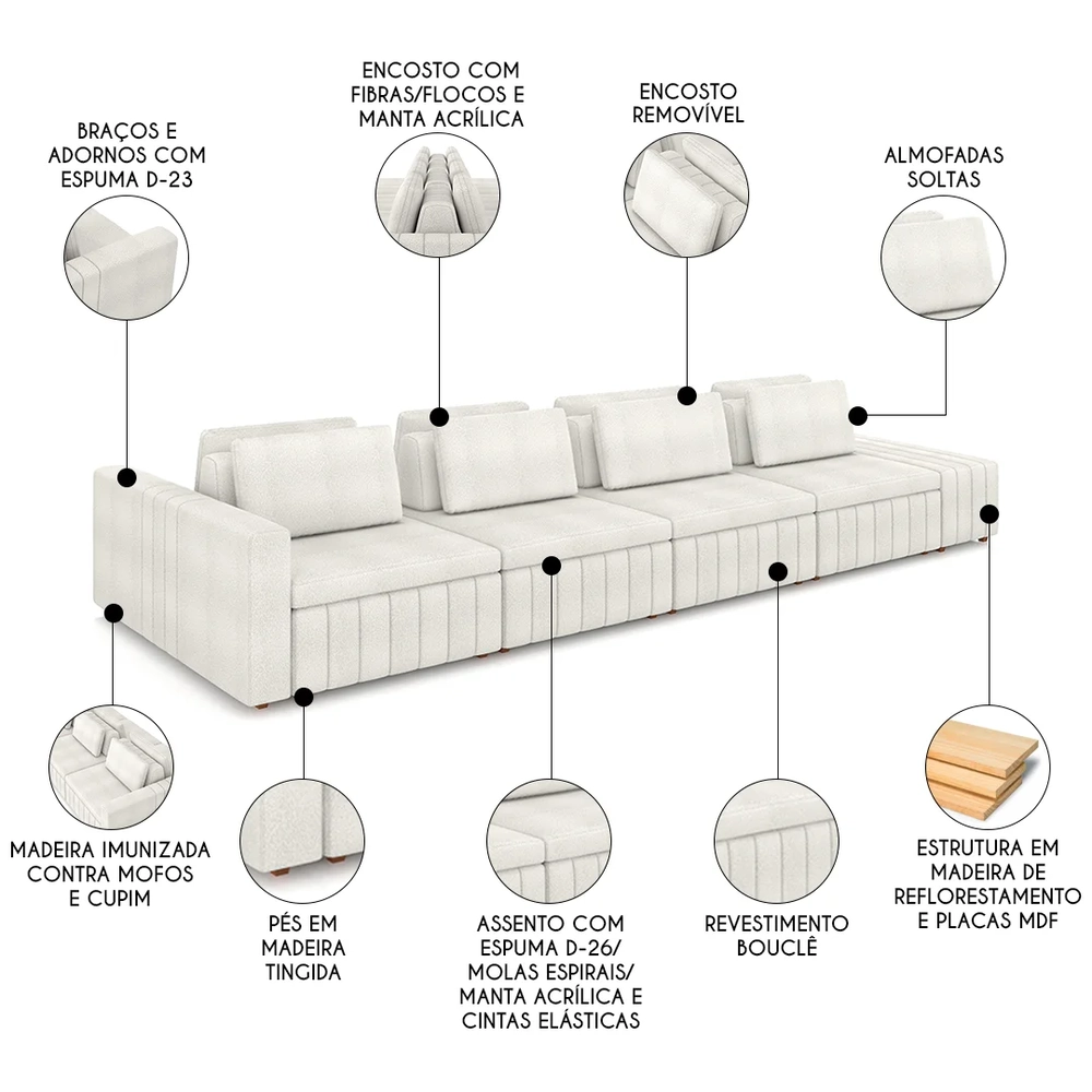 Sofá Ilha e Puff Sala Living 425cm Siesta Z32 Boucle Bege Claro - Mpozenato