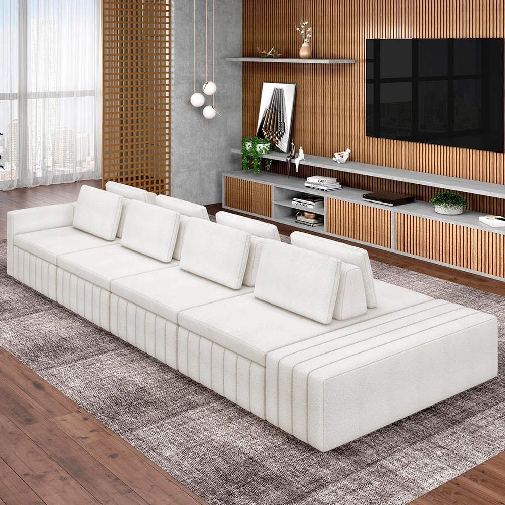 Sofá Ilha e Puff Sala Living 425cm Siesta Z32 Boucle Bege Claro - Mpozenato