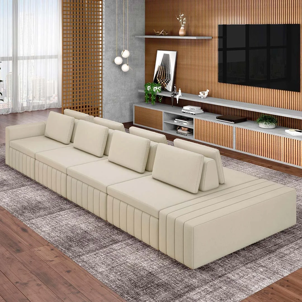 Sofá Ilha e Puff Sala Living 425cm Siesta Z32 Linho Areia    - Mpozenato