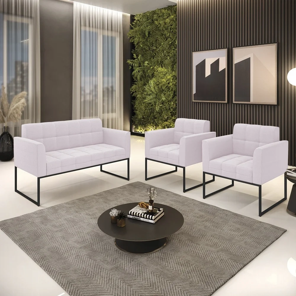 Namoradeira e 2 Poltronas Industrial Preto Ana Boucle Rosê - Ibiza