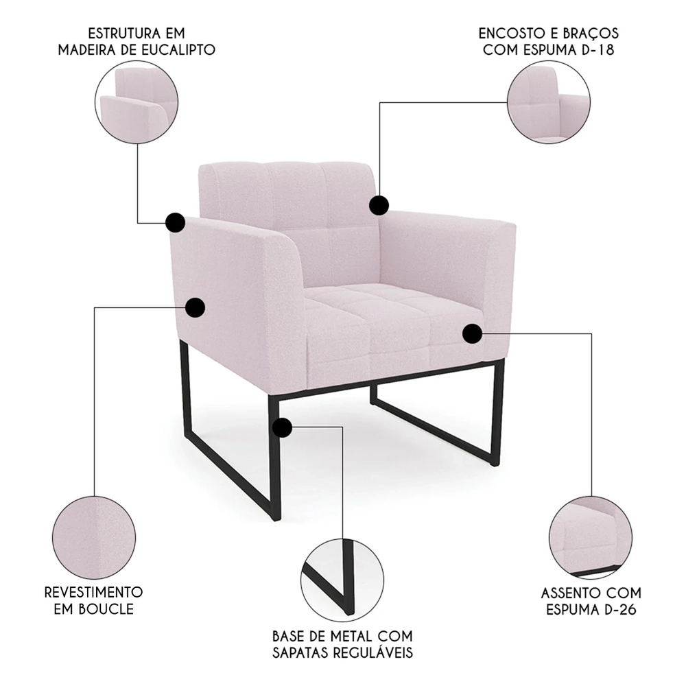 Namoradeira e 2 Poltronas Industrial Preto Ana Boucle Rosê - Ibiza