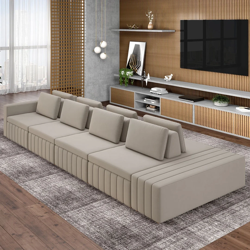 Sofá Ilha e Puff Sala Living 425cm Siesta Z32 Veludo Bege  - Mpozenato