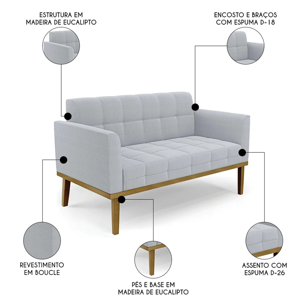 Sofá Namoradeira Base Madeira Castanho Ana Boucle Cinza - Ibiza