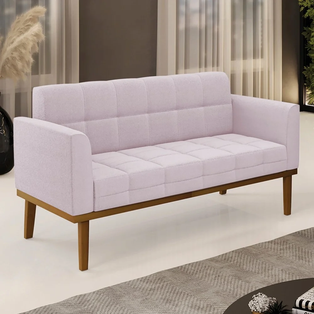 Sofá Namoradeira Base Madeira Castanho Ana Boucle Rosê - Ibiza