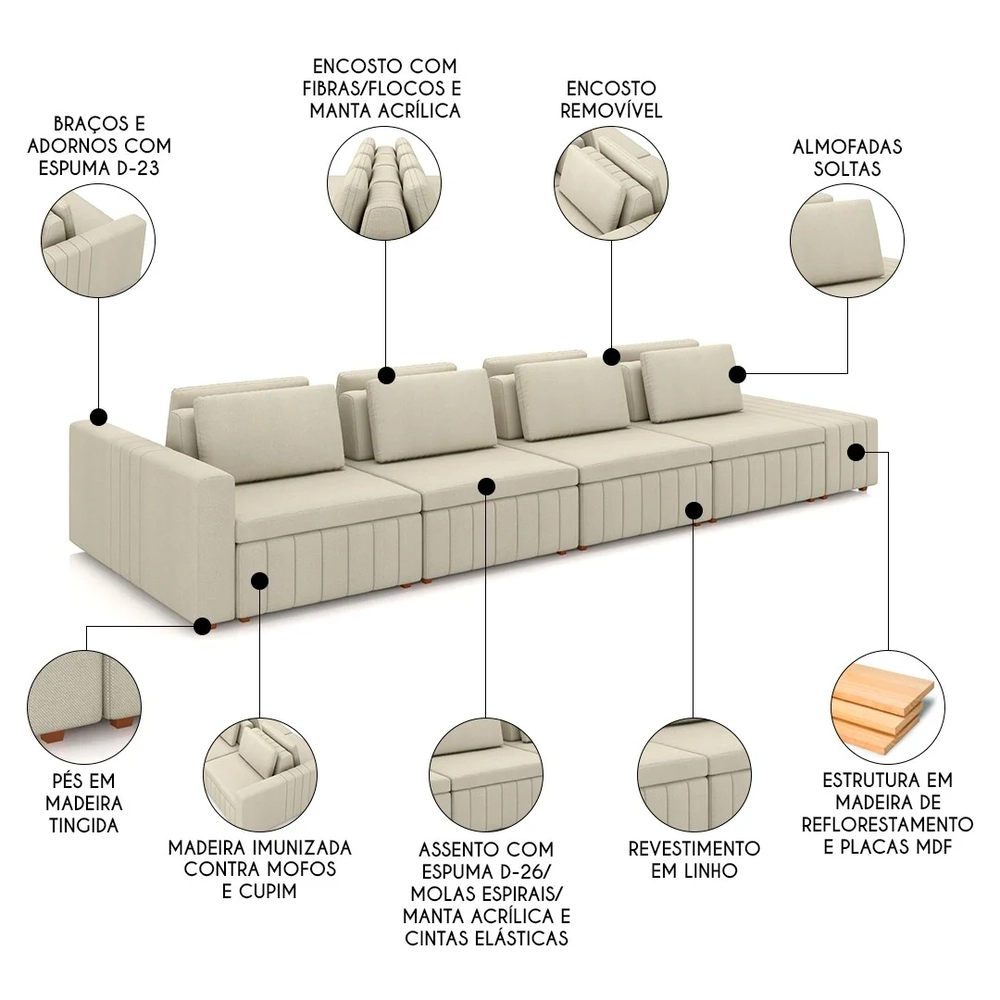 Sofá Ilha e Puff Sala Living 465cm Siesta Z32 Linho Areia    - Mpozenato