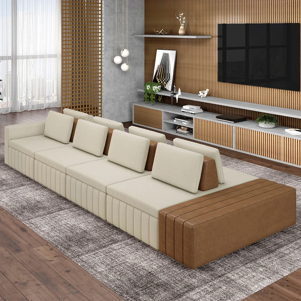 Sofá Ilha e Puff Sala Living 465cm Siesta Z32 Linho Cru/Marrom - Mpozenato